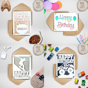 May include: Four different paper cut-out birthday cards with various themes. The cards are white with black text that says "Happy Birthday". The first card features a cat with the word "meow" below it. The second card has two balloons. The third card has a skateboarder. The fourth card has a monster truck.