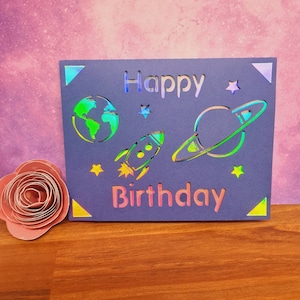 Espace anniversaire svg carte. Fichier numérique compatible avec les machines de découpe de cricut et de silhouette