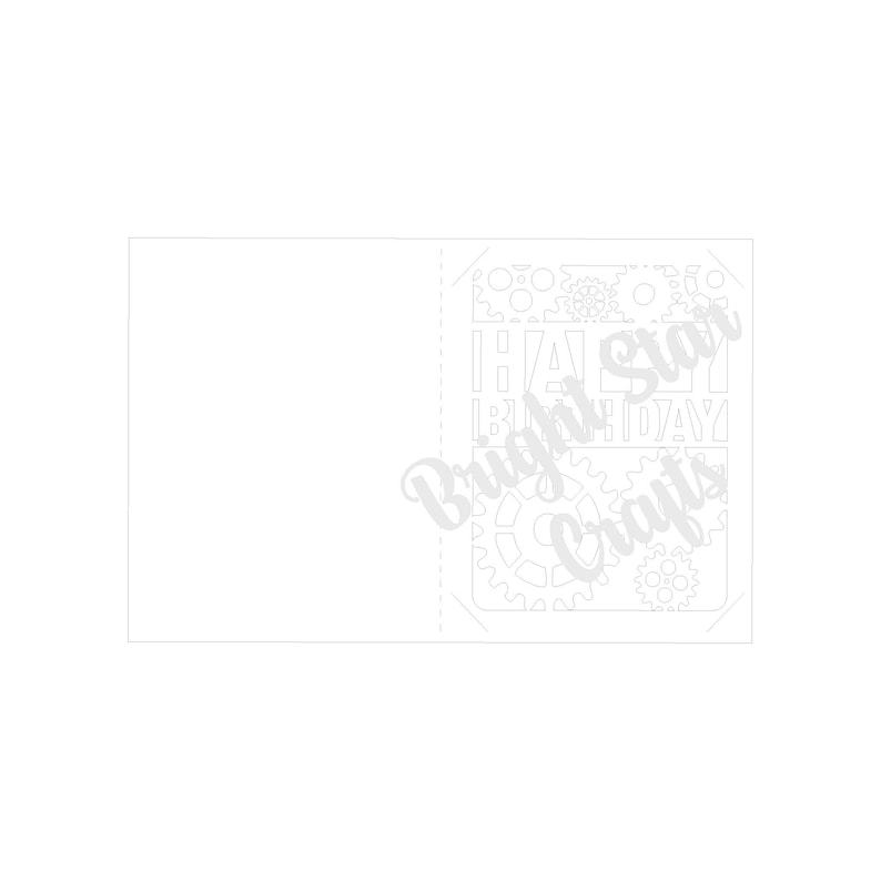 May include: A printable card design featuring a gear-shaped design with the text "Happy Birthday" in a white outline. The design is suitable for laser cutting.