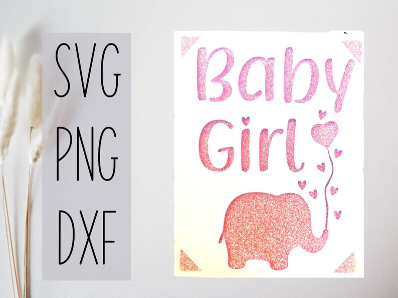 Puede incluir: Dise&ntilde;o digital rosa y blanco con el texto "Baby Girl" y un elefante rosa de purpurina sosteniendo un globo rosa en forma de coraz&oacute;n.