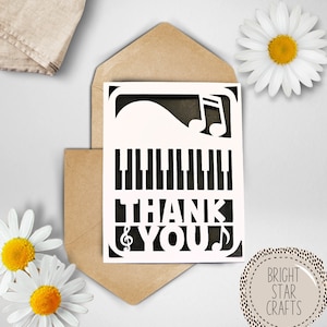 Gracias tarjeta svg de piano. Archivo digital compatible con máquinas de corte cricut y silueta