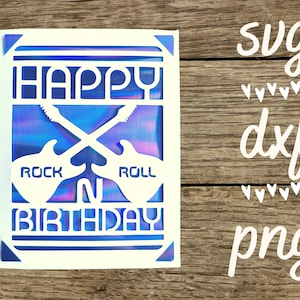 Feliz cumpleaños guitarra rock n roll svg card. Archivo digital compatible con máquinas cricut y silhouette