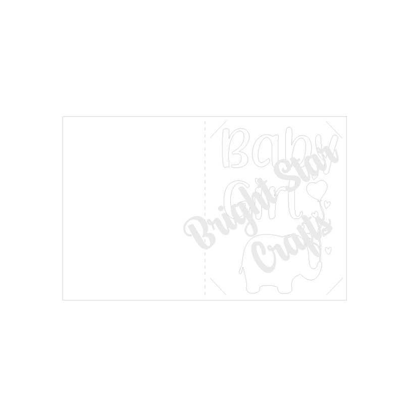 Puede incluir: Una tarjeta blanca con un dise&ntilde;o recortado de un elefante y el texto "Baby" y "Bright Star Crafts" en una fuente cursiva.