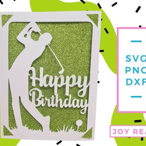 May include: A white card with a green glitter background and a silhouette of a golfer swinging a club. The text "Happy Birthday" is written in white on the card.
