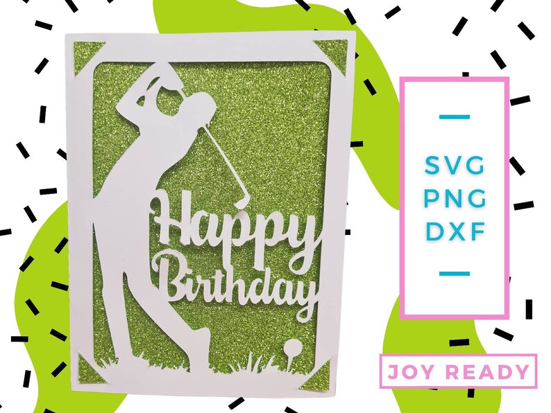 May include: A white card with a green glitter background and a silhouette of a golfer swinging a club. The text "Happy Birthday" is written in white on the card.