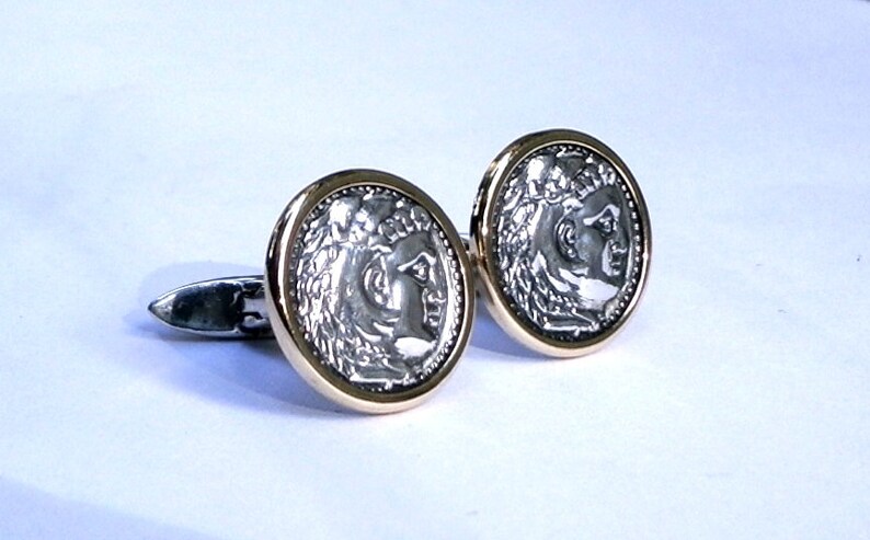 14k Gold & Sterling Silver Cufflinks, Handmade Hercules and Athena Cufflinks, Classic Beautifuly Handcrafted Men's Gift image 2