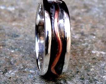 Oxidized Sterling Silver Band Ring, Hammered Copper Accent, Artisan Crafted
