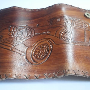 Engraved Antique Car Leather Tobacco Pouch, Handcrafted Smokers Case