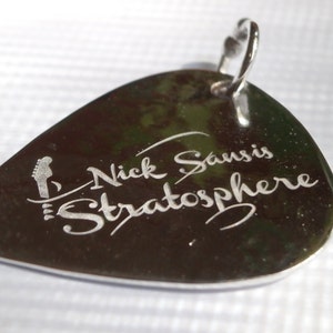 Silver Guitar Pick Engraved, Music personalized pendant, hammered musician gift, Unisex pendant gift for him and her, Guitar player gift image 1