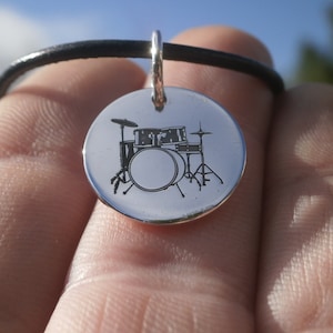 Laser Engraved Drum Set Pendant, Sterling Silver Music Charm
