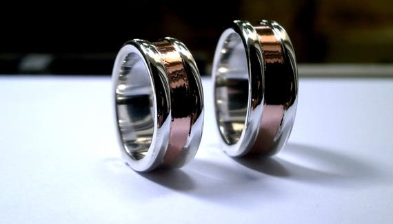 Handmade Copper & Fine Silver Wide Band Ring, Unisex Wedding Band