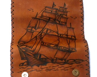 Handcrafted Leather Tobacco Pouch: Pyrography Ship Design