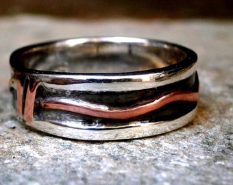 Unisex sterling silver with copper oxidized - handmade artisan designed band - customized Band Ring - Hammered - Men's Ring - Women's Ring