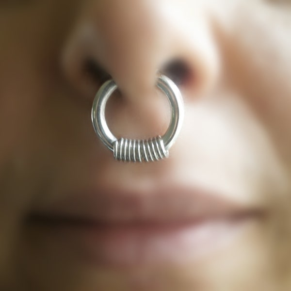 Thick Fake Septum Ring, Piercing Coil Nose ring, Gauge Earring, Hoop for Stretched Ear, Unisex Boho Spiral Earring for Tunnel, 18 to 6 gauge