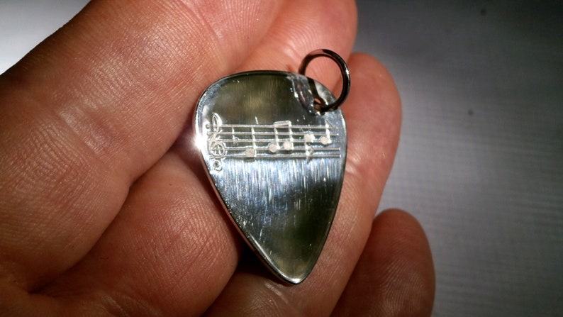 Silver Guitar Pick Engraved, Music personalized pendant, hammered musician gift, Unisex pendant gift for him and her, Guitar player gift image 8