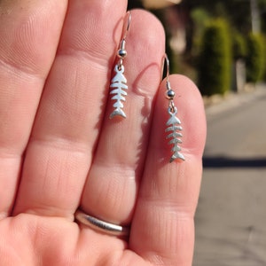 Sterling Silver Fishbone Dangle Earrings: Tiny Boho Charm