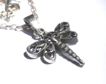 Sterling Silver Dragonfly Necklace, Oxidized Antique Pendant
