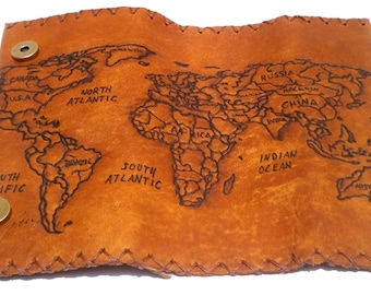 Leather Tobacco Pouch Handcrafted, World Map, Pyrography Design