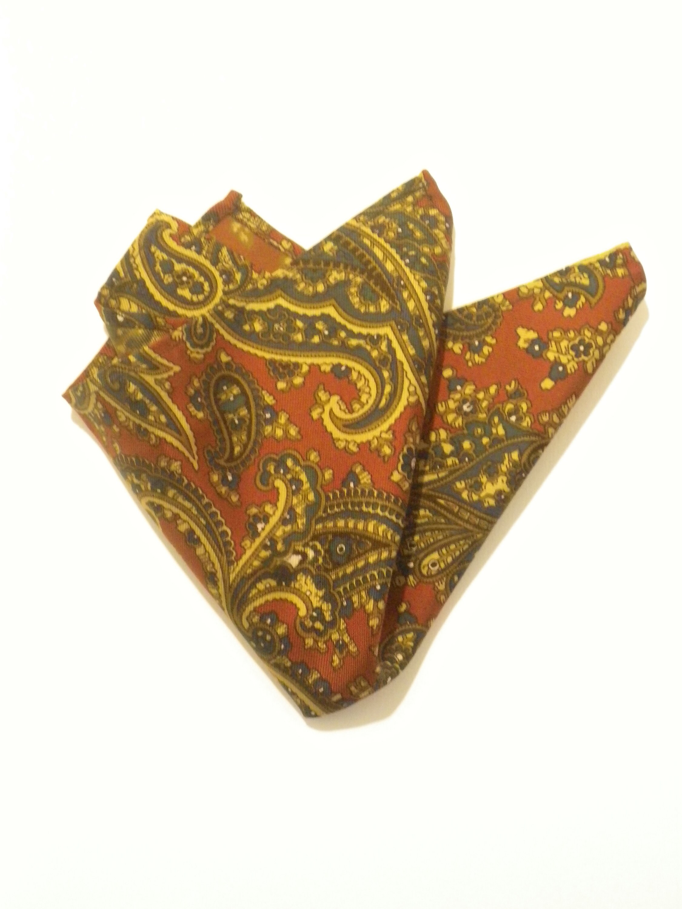 Classic paisley mellow yellow pure silk madder pocket square, really elegant, lovely special present for a wide range of occasions.