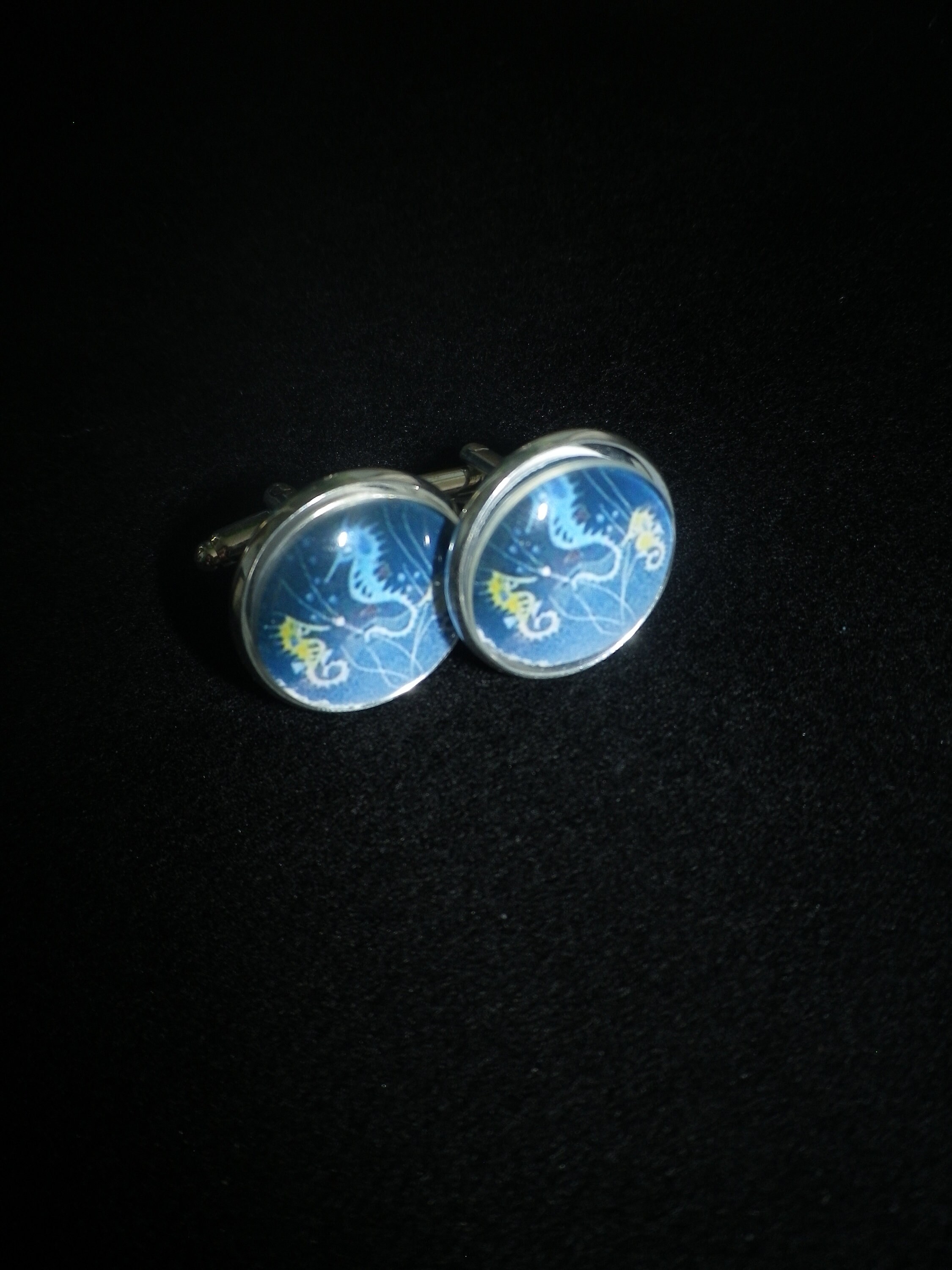 Boutons De Manchette Hippopotame En Argent Avec Pierre Bleue - Attache Cravate Assortie - Occasion
