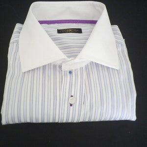 Light blue  striped dress shirt with white collar, , purple contrast,   handmade in England, B40 free shipping