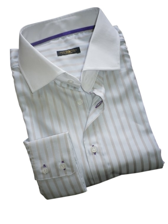 white dress shirt with grey stripes Contrast Collar Horizontal Stripe Dress Shirt