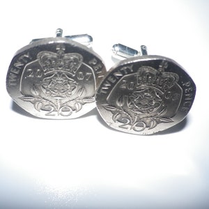 20th Anniversary/Birthday cufflinks..silver UK 20 pence piece, choice of 6 dates, plus a  further 30,  gift wrapped, free shipping
