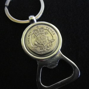 20th Anniversary/Birthday bottle opener key ring  UK silver 20p coin choice 35  dates, alloy & platinum, 3&quot;x 1&quot;, free shipping, gift wrapped