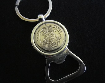 Chaveiro abridor de garrafas de 20º aniversário/aniversário, moeda de prata do Reino Unido de 20 centavos, escolha 35 datas, liga e platina, 3" x 1", frete grátis, embrulhado para presente