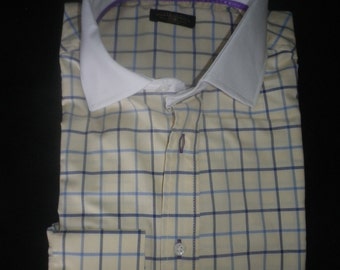 Classic  cotton twill  Tattersall check, blue on blue, contrast white collar, great elegant classy dress/sport. B3
