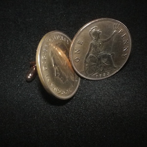 Pre 1967  copper  penny piece cufflinks, matching rose gold base, 1.25&quot; diameter, memorable coin, nostalgic, gift wrapped, free shipping
