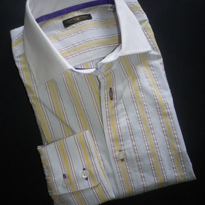 White spread  collar, two fold 100s  cotton,   dress shirt, broad yellow stripe handmade in England. B4,  free shipping size 16.5&quot;
