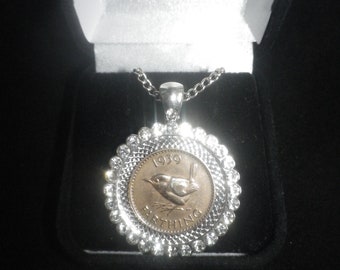 Pre 1955  Farthing anniversary/ birthday 1.5&quot; rhinestone necklace, filigree chain ( Wren from 1937 ), gift wrapped, free shipping, 23 dates
