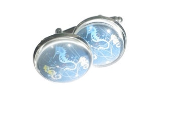 Boutons De Manchette Et Attache Cravate Assortie Motif Hippocampe Argenté Avec Pierre Bleue - Occasion