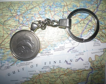 Finnish 5 Kronur silver key chain, dramatic Scandinavian image, stylish 5th anniversary or  great special occasion gift.