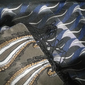 Silver wave design on navy pure silk reversible scarf, dramatic large paisley reverse, loop tassles, e special occasion gift, free shipping