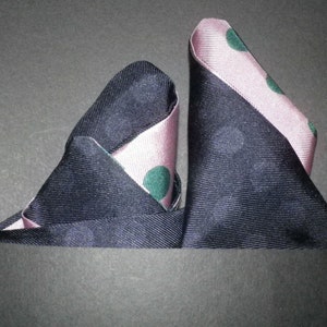 Green polka with navy  design reversible silk pocket square,wear 3 ways, ,gift wrapped,handmade in  England, lovely elegant present