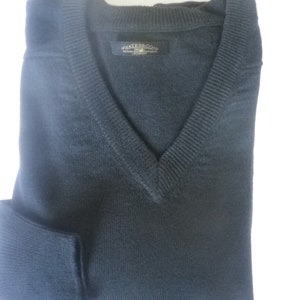 Classic navy V neck mens sweater, year round wardrobe staple, wool/ acrylic, washable, free shipping, ribbed cuff, Tom Sayers label B39 image 1