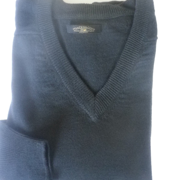 Classic navy  V neck  mens sweater, year round wardrobe staple, wool/ acrylic, washable, free shipping, ribbed cuff, Tom Sayers label B39