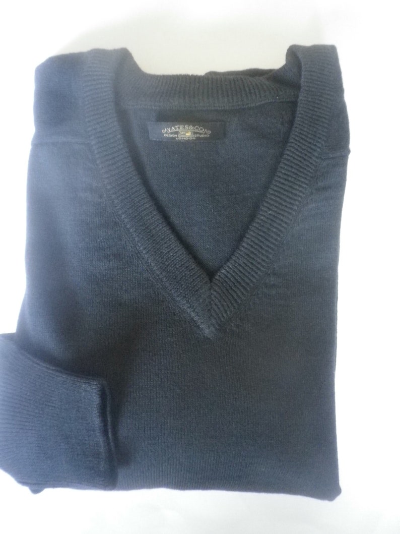 Classic navy V neck mens sweater, year round wardrobe staple, wool/ acrylic, washable, free shipping, ribbed cuff, Tom Sayers label B39 image 1