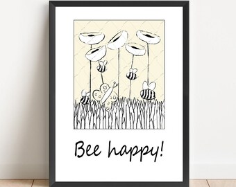 Muted tones, Bee happy print, bee print, 230gsm archival paper,  happy print, bee print, lovely day, summer's day, white poppies, butterfly