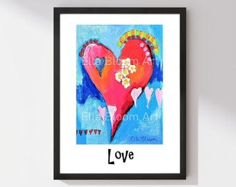 Love heart print, heart print, love heart print, hearts, heart, patterned heart, expressive heart print, blue and red, various sizes