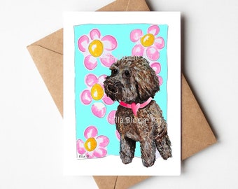 Chocolate Cockerpoo greeting card, pink flowers on a blue background, brown cockerpoo card, cockerpoo dog card with a pink heart collar