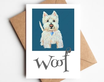 Cute White Westie greeting card, west highland terrier card, white westie with a blue heart collar on a dark blue square with 'Woof' in grey