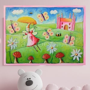 30 x 40inch, fairy painting, fairy art work, fairy castle, pink fairy castle, girls fairy scene, fairy scene, little girls art, girls art image 1