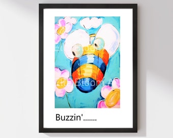 Buzzin' bee print, bee print, large bee print, bee and flowers, orange and blue stripy bee print, pink flowers, bee, Ella Bloom art print