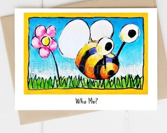 Child's bee card,  large comical yellow and black bee card, a single comical bee with big eyes and a pink clover flower