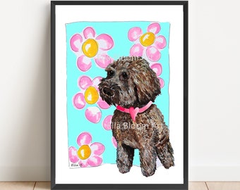 Cockapoo portrait print, chocolate cockapoo print, cockapoo's dream print, with pink heart collar and pink flowers on a blue background