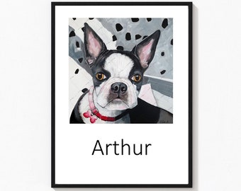 personalised boston terrier print, boston terrier, boston terrier dog print, dog print, chose your  name, square print, black boston terrier