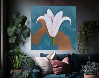 White lily contemporary painting on a teal and antique gold background on a chunky canvas measuring 90 x 90 cm, a single white lily painting